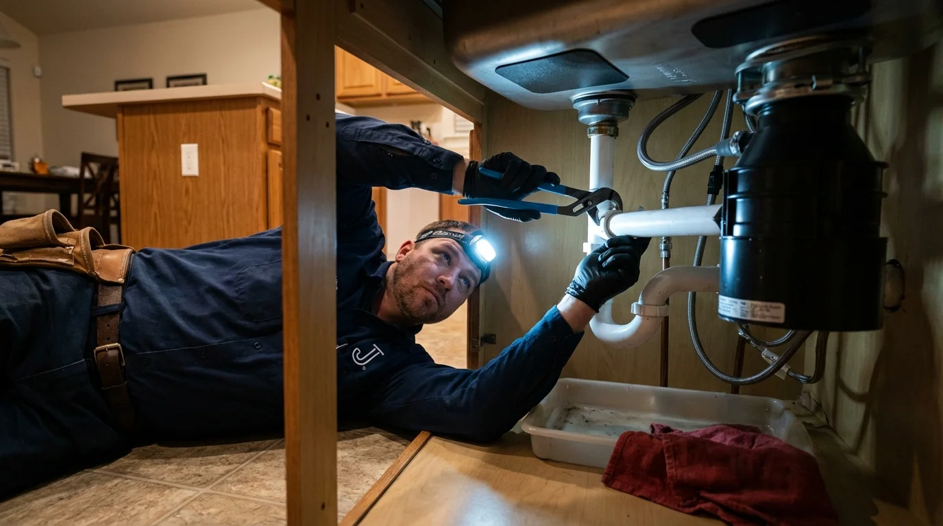 P-trap and supply line connections under a kitchen sink showing a common leak point in Centerville, TX