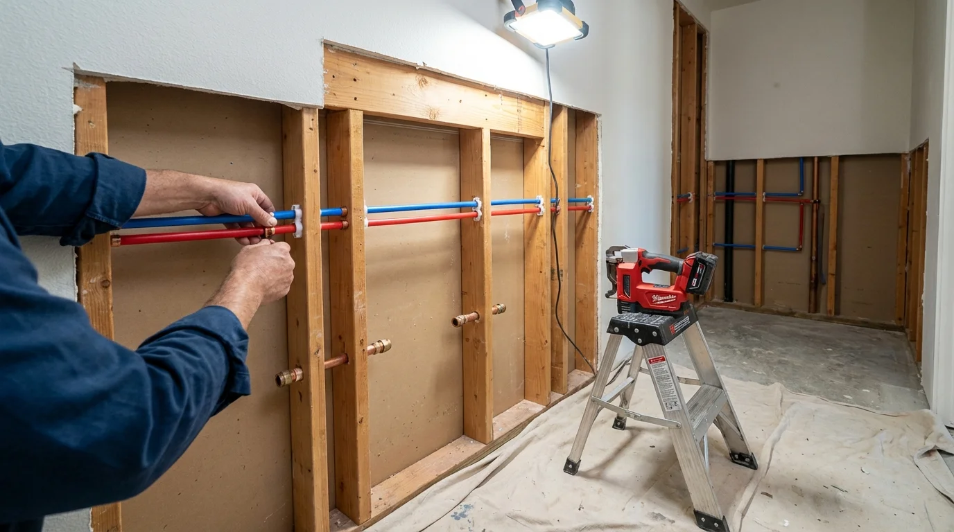Old galvanized pipes being replaced with modern PEX piping during a whole-house repipe in Centerville, TX